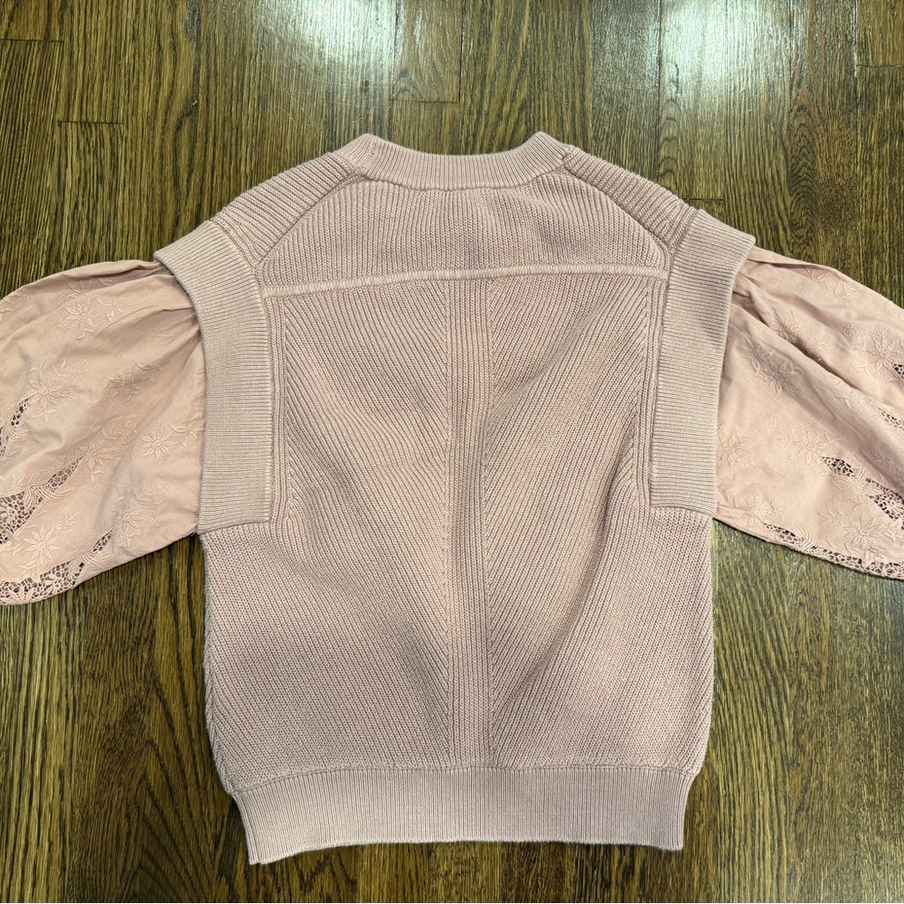 ba&sh Samoa Pink Embroidered Knit Lace Puff Sleeve Sweater Blouse Top Sz 2 US 6 - Picture 5 of 10